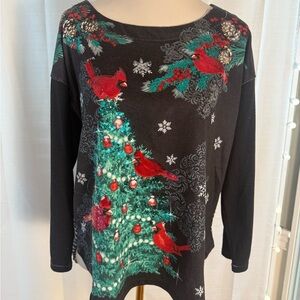 Onque Casuals Black Christmas Top Cardinals Sequin Holiday Tree Shirt
